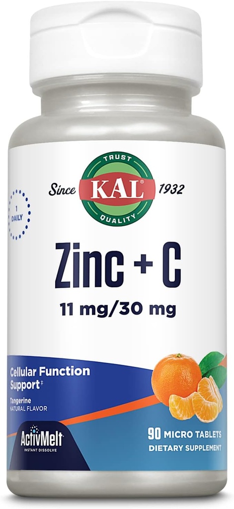 KAL Zinc Plus C, Vitamina C y Zinc, Función Celular y Soporte Inmunitario, Absorción Optimal, Sabor de Tangerina Natural, Garantía de 60 Días de Dinero, 90 Servimientos, 90 Micro Tabletas