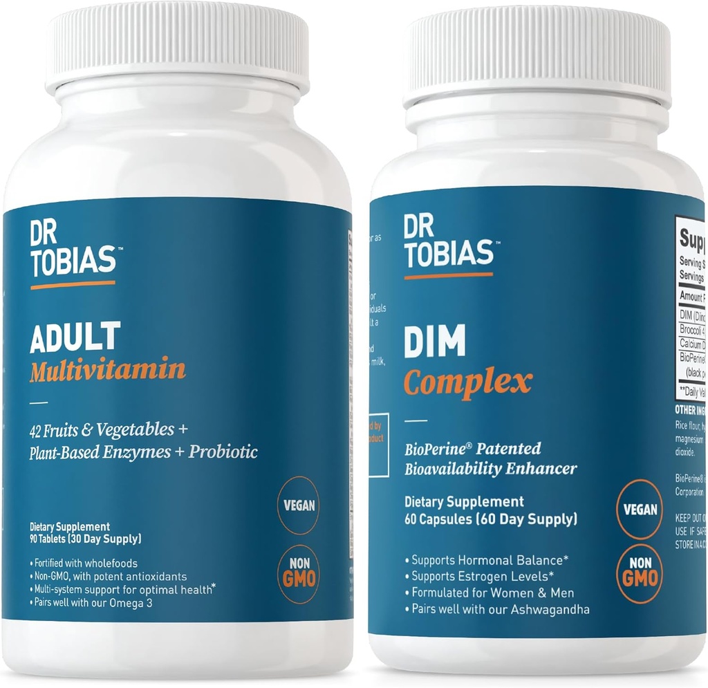 Dr. Tobias Adult Multivitamin & DIM Complex, soporta Energía, Inmune y equilibrio hormonal para hombres & mujeres con 42 Frutas & Verduras, BioPerine, Broccoli Extract & Calcium, Non-GMO