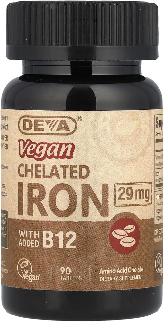 DEVA Vegan Chelated IRON 29 mg con añadido B-12 - 90 Tabletas ( Multi-Pack)