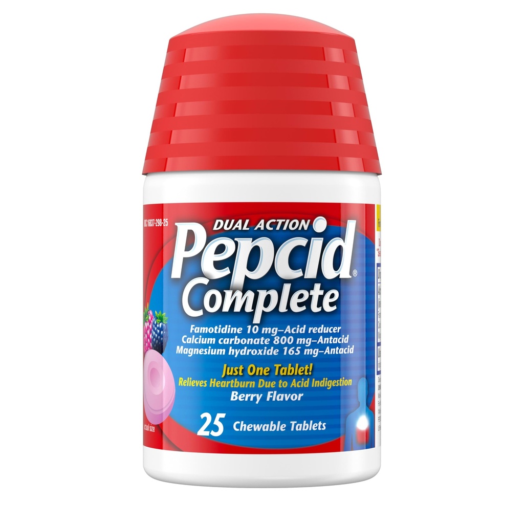 Pepcid Reductor completo de ácido + antiácido para el reflujo ácido, 10 mg de Famotidina, 800 mg de carbonato de calcio & 165 mg Hidroxido de magnesio por tableta de medicina de acidez, cerdas de ácido, Berry, 25 ct