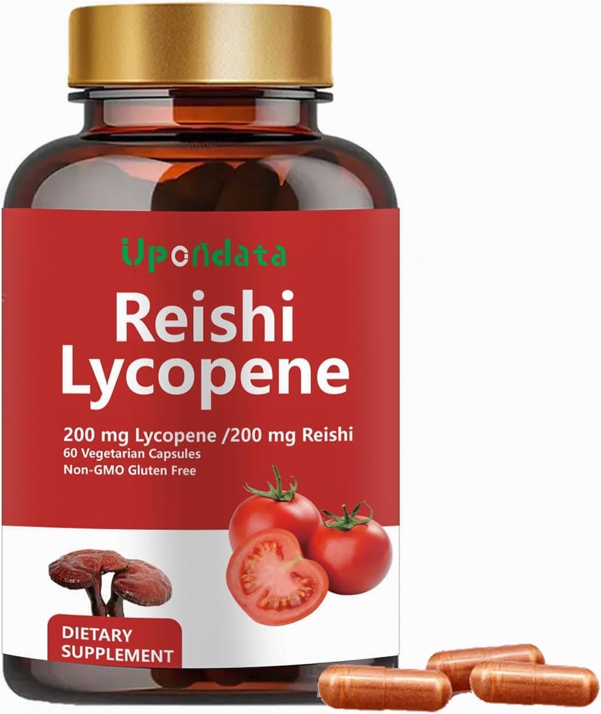 Licopene Capsules, Licopeno Natural 200mg con Reishi Ecológico Mushroom 200mg Suplemento para la salud de próstata y soporte inmunológico - Gluten-Free, No GMO, 60 cápsulas (1 Pack)
