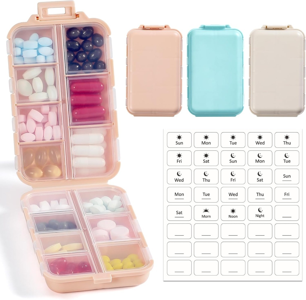 3 Pack, 14 GRIDS Travel Pill Organizer Caja con etiquetas - Travel Medicine Case Kit - Container de Farmacia diaria de bolsillo - dispensador de medicamentos de viaje para el almacenamiento de vitaminas de aceite de pescado
