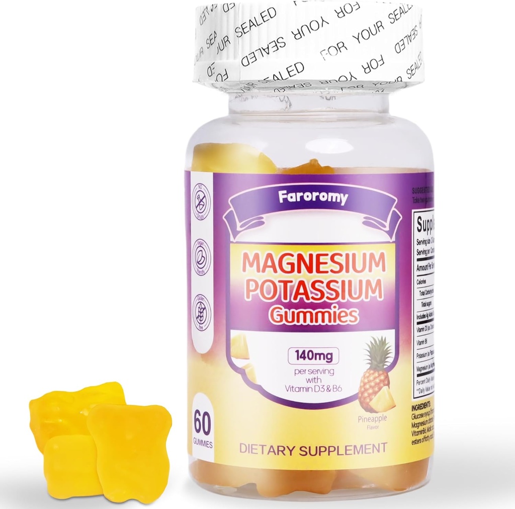 FaroromyPotasio Magnesio Gummies, Suplemento Glycinate de Magnesio Libre de Azúcar, soporta Leg Comfort, Función muscular " Salud cardíaca, No GMO, Flavor de Piña, 60 Condes