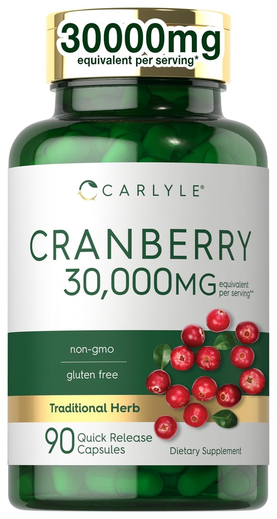 Carlyle Cranberry Suplemento TENIDO 30,000mg ANTE 90 cápsulas TENIDO NO GMO Y Fórmula Libre Gluten