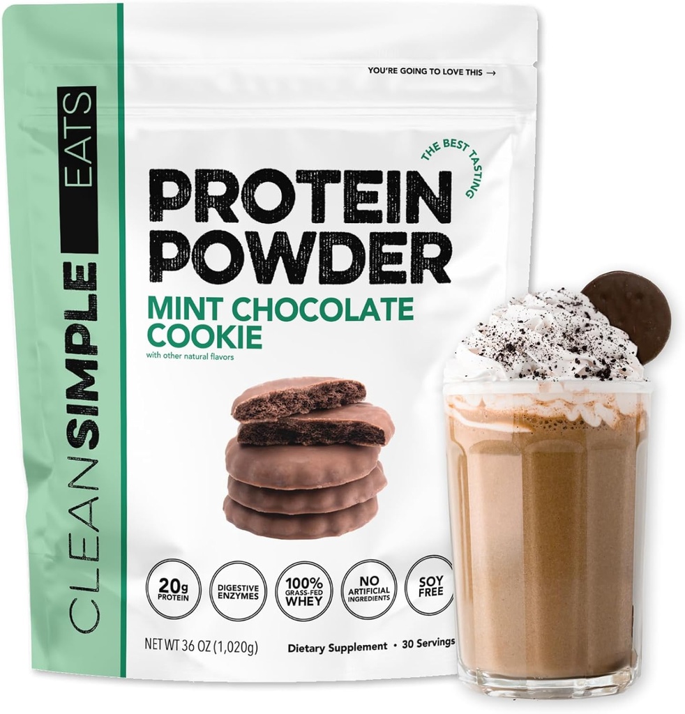Comidas simples limpias Whey Protein Powder, Mint Chocolate Cookie Flavor, Naturalmente Endulzado, 100% Grass Fed Protein Powder con Enzimas Digestivos, Sin Ingredientes Artificiales, Gluten Free, 30 Srvgs