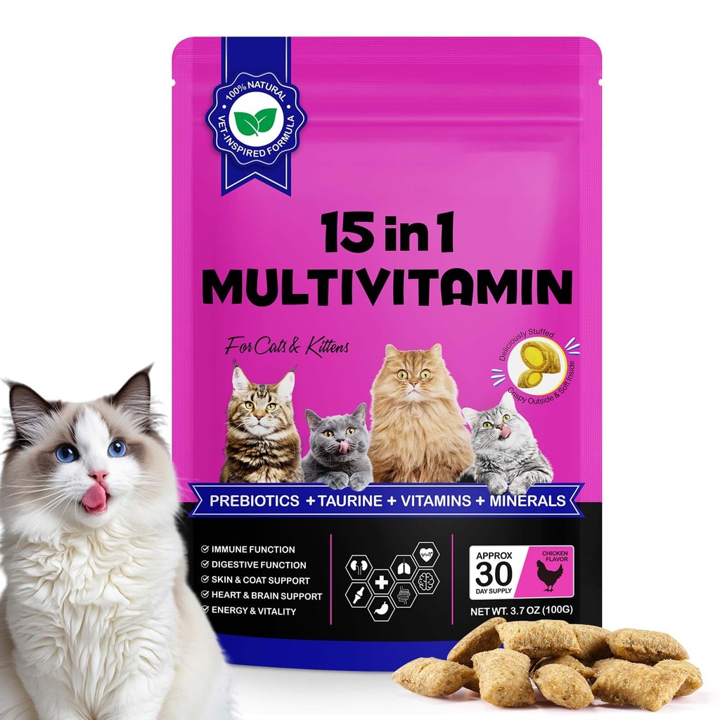 Cat 15-in-1 Multivitamin Chews,Cat Treats for Health+Immune, Joint Support,Skin & Coat, and Digestion-Omega, Taurine&Probiotics for Cats,Vitamin C+E for Cats,Chicken 100g (30-Day Supply)
