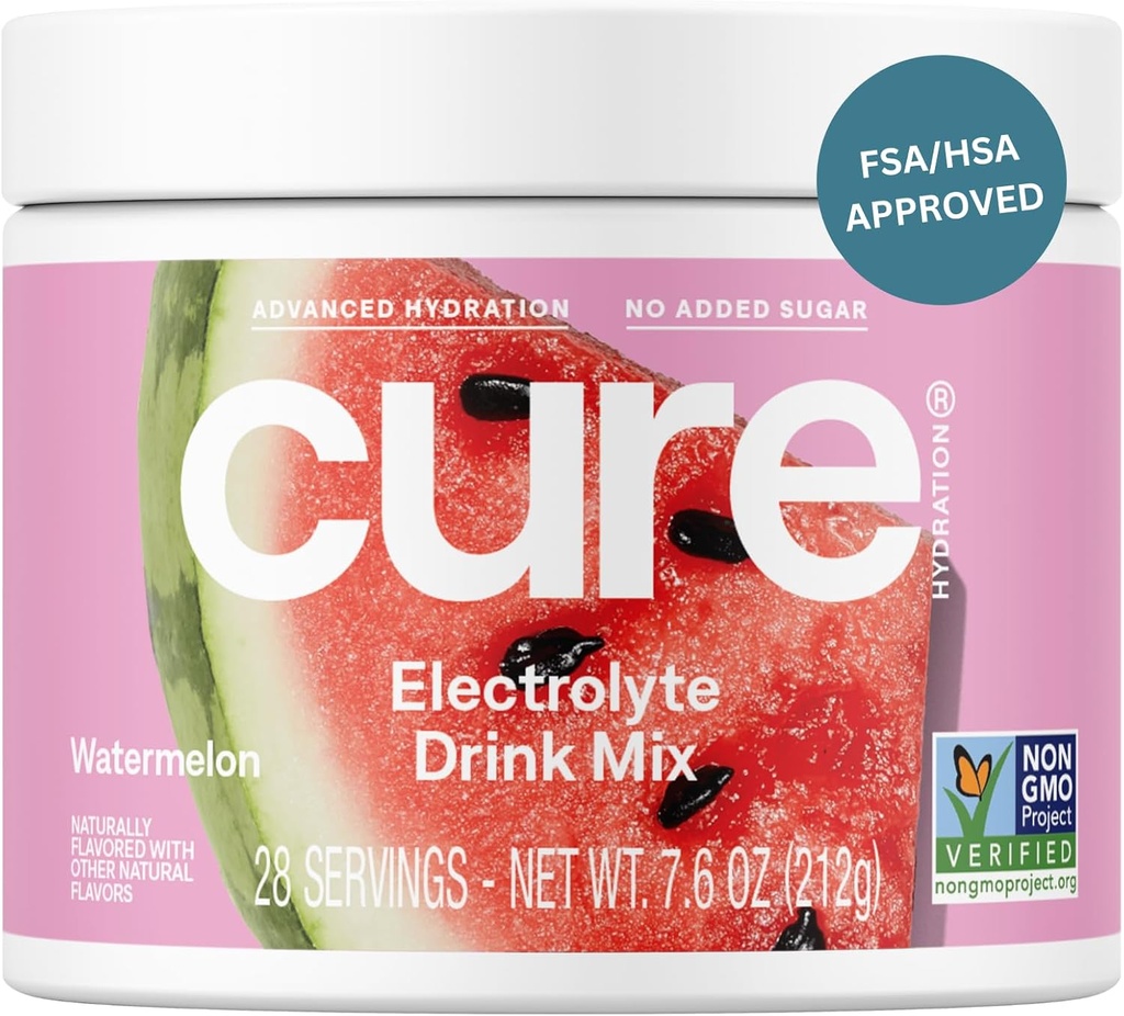 Cure Hydration ¦ Plant-Based Electrolyte Drink Mix ⋅ No Añadido Sugar ← FSA-HSA Silencioso de alivio de la deshidratación Hecho con agua de coco ← No-GMO Silencio Vegan Silencio 28 Serviciones Jar - Watermelon