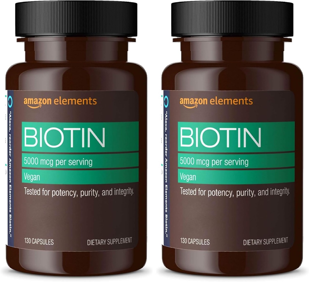 Amazon Elementos Vegan Biotina 5000 mcg - Cabello, Esquí, uñas, 130 cápsulas (4 mes de suministro) (Packaging May Vary) (Pack of 2)