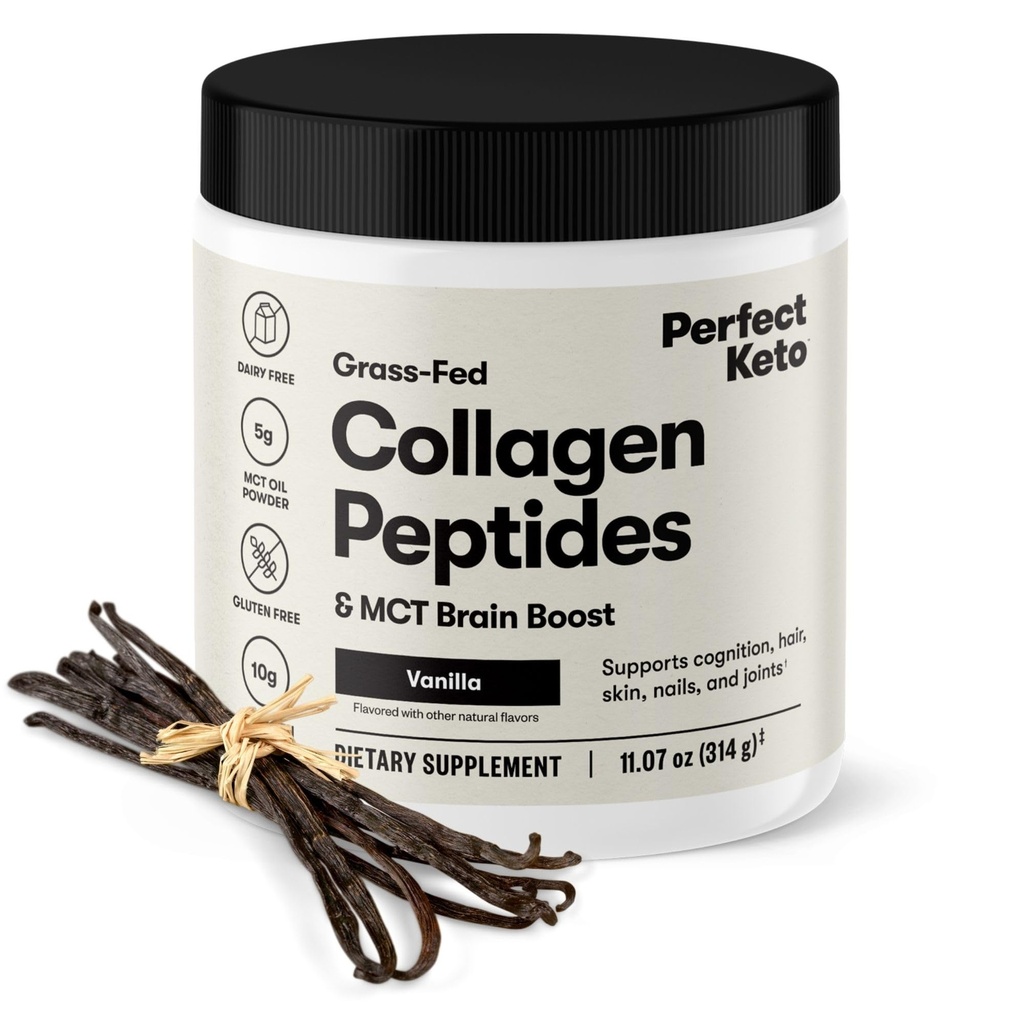 Perfect Keto Collagen Peptides, Vanilla, 10g Protein Powder, Low Carb, No Sugar Added, Keto Friendly Coffee Creamer & Drink Mix, Grass Fed Bovine Type 1 & 3 Supplement with MCT Oil, 20 Servings