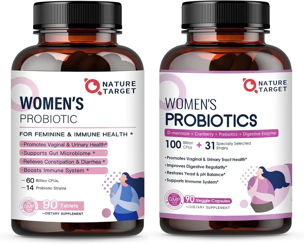 NATURE TARGET Probióticos y prebióticos femeninos, arándano " D-Mannose " , 50 millones-CFUs, probióticos orgánicos para la salud digestiva/salud del niño/propulsor inmunológico/gestión del peso