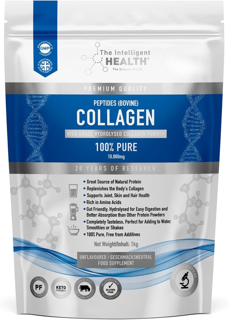 El Intelligent Health Hydrolyzed Collagen Peptides Powder, Grass Fed, High Protein, Unflavored, Gluten-Free, Paleo & Keto Friendly, 10g per Serving (1kg) soporta Skin, Hair, Nails, Joints, " Bones