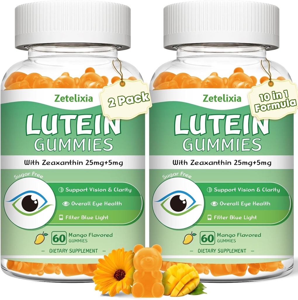 2 Pack Lutein Gummies 25mg, Azúcar gratis Zeaxanthin Suplementos Gummies, Eye Health Supplement for Adults, Eye Vitamins Lutein for Vision and Blue Light Protection, Mango Flavor, 120 Condes