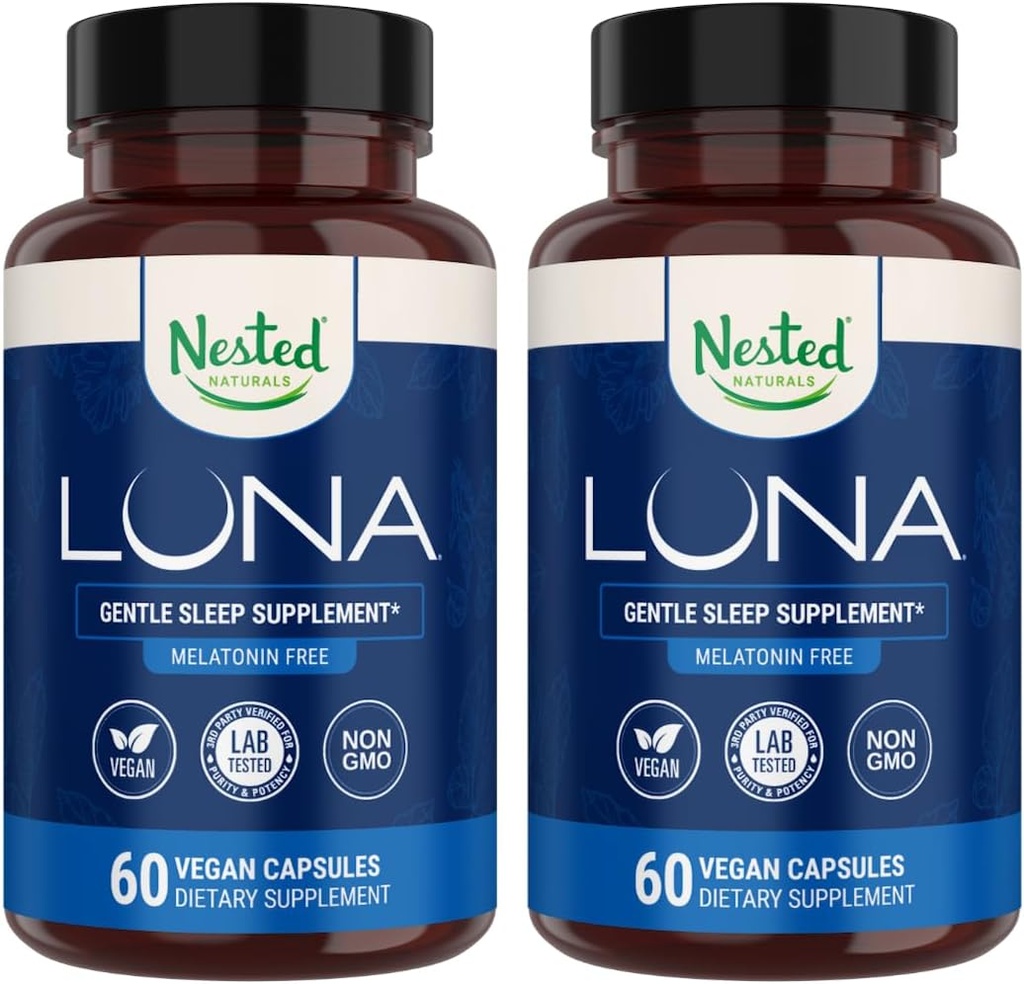 Naturales anidados Luna Melatonin-Free Pack of Two, Bedtime Supplement for Adults, Herbal Nighttime Sleeping Capsule, Valerian Root with Chamomile, Lemon Balm, Non-GMO, Gluten-Free