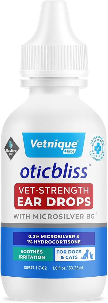 Vetnique Oticbliss Cat & Dog Ear Infection Treatment Drops - con 1% Hydrocortisone & MicroSilver BG for Dog Ear Infections - Vet Recomendado Cat & Dog Ear Cleaner for Itchy Ear Relief