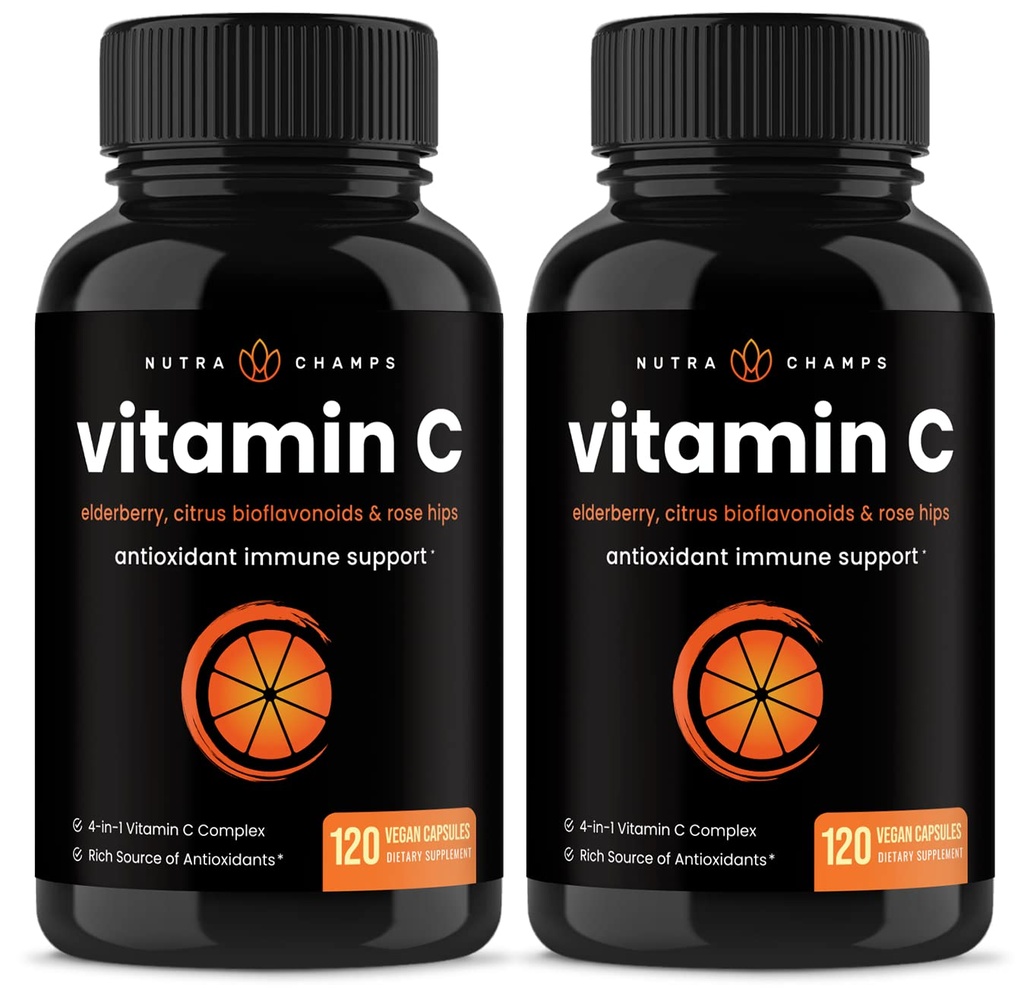 NutraChamps (2 Pack) Vitamina C 1000mg con Elderberry, Citrus Bioflavonoids & Rose HIPS - 120 Capsules Vegan, Suplemento Antioxidante no GMO para la salud inmuna y la producción de colágeno 500mg Powder Pills