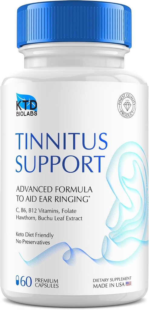 Soporte de Tinnitus - Ayuda a dejar de resonar en los oídos 595mg - Suplemento de salud del oído con vitaminas C, B3, B6, B12-2 Meses Suministro - 60 cápsulas