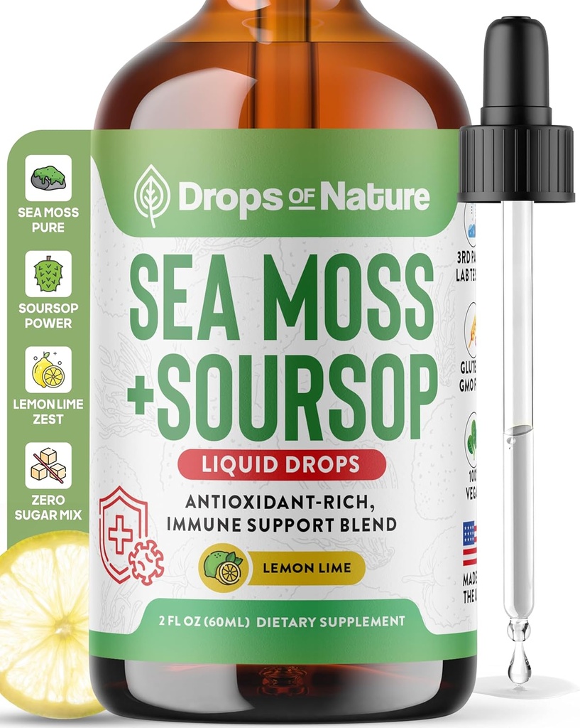 Soursop con Moss de Mar Suplemento líquido – Más concentrado Than Sea Moss Gel – Mezcla fácilmente con bebidas – Soursop Bitters Liquid Drops for Hydration and Immune Support (Límina de limón, 60 ml)