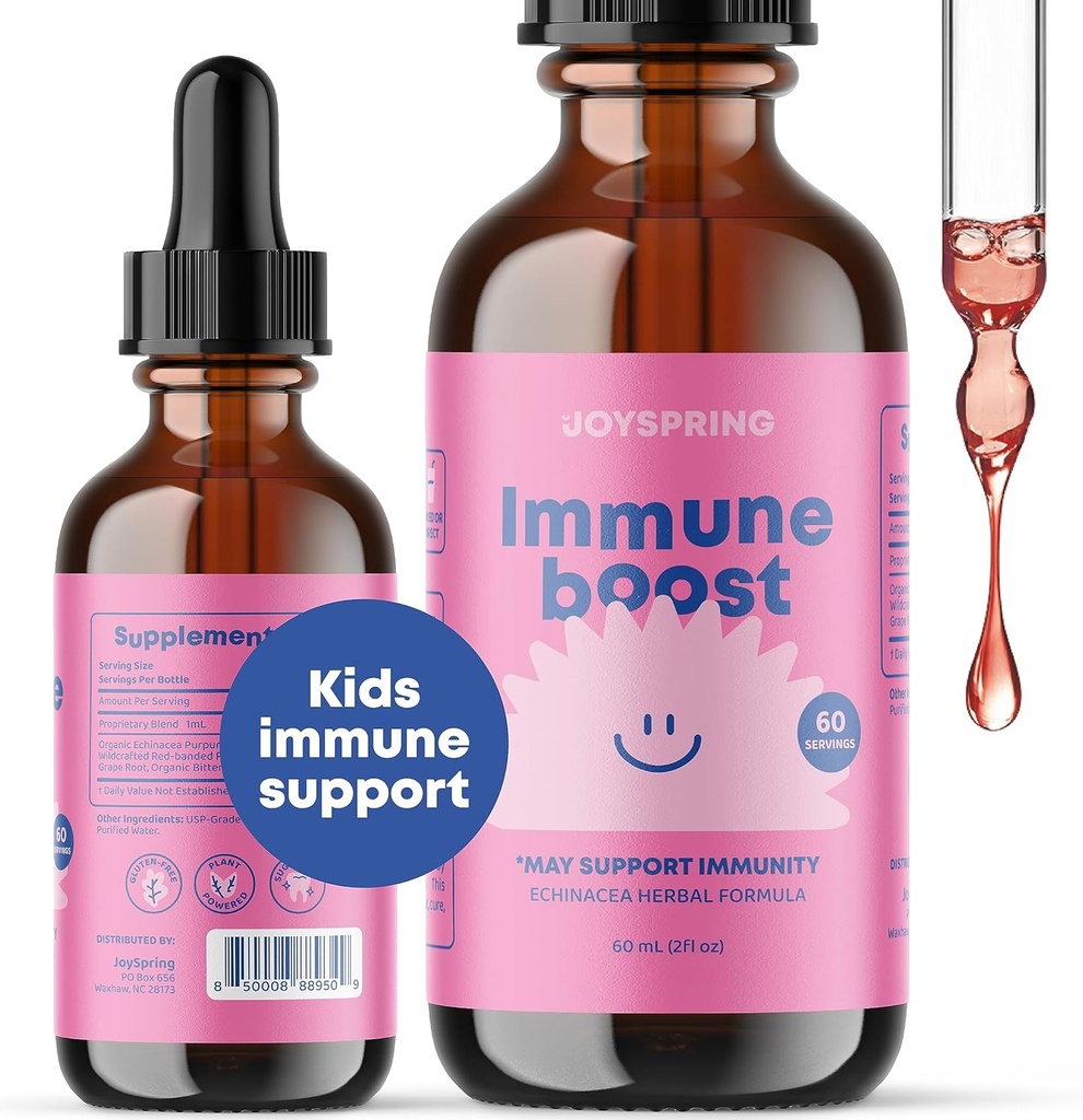 JoySpring Immune Drops - Kids Immune Support Liquid Supplement (2 fl oz) - Echinacea, Elderberry, Oregon Grape Root, Orange Peel, Vitaminas A, B6, C - Sistema de soporte natural para niños y adultos