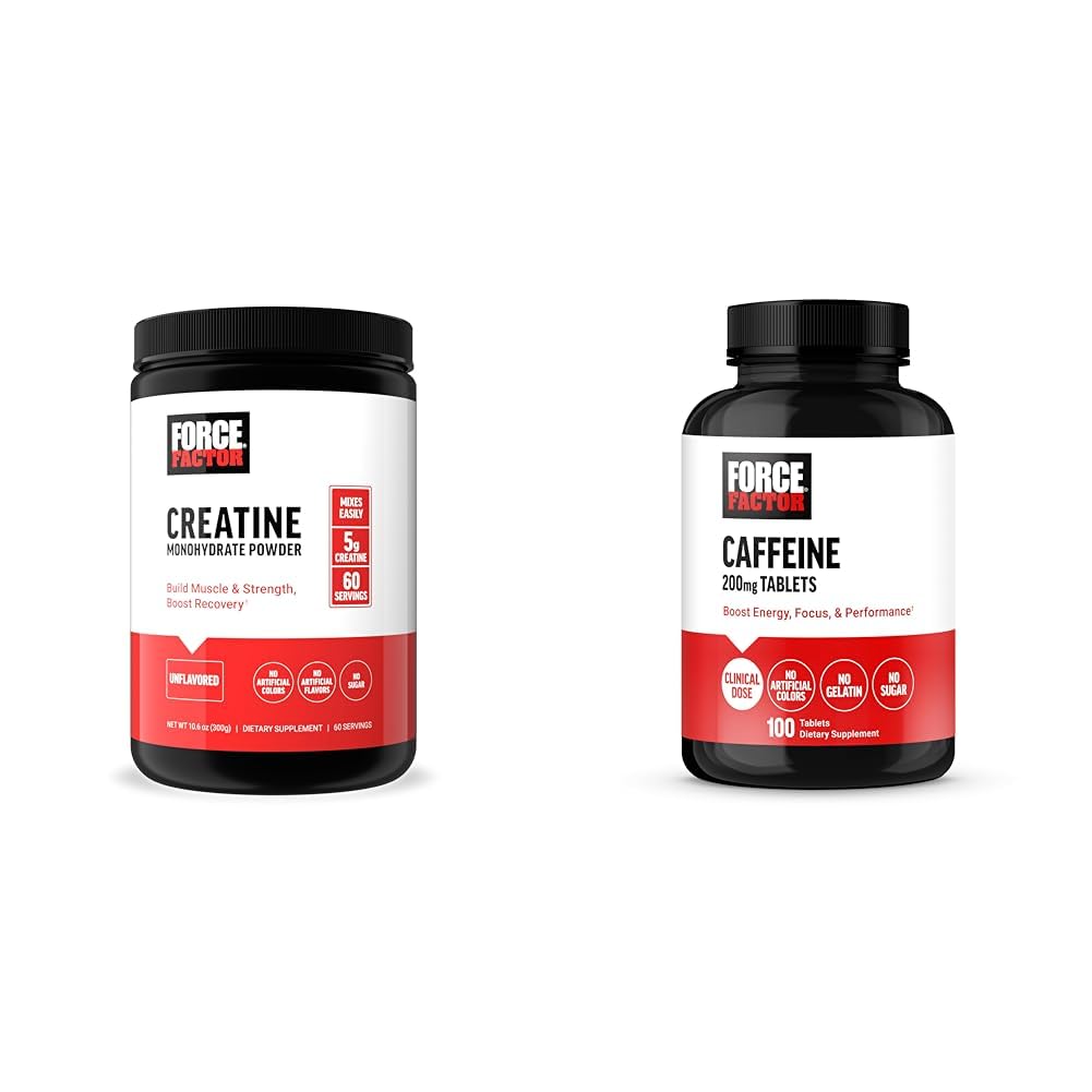 Factor de fuerza Cretina Powder 60 Servings and Caffeine Tablets 100 Tablets - Creatine for Muscle Gain and Caffeine for Energy