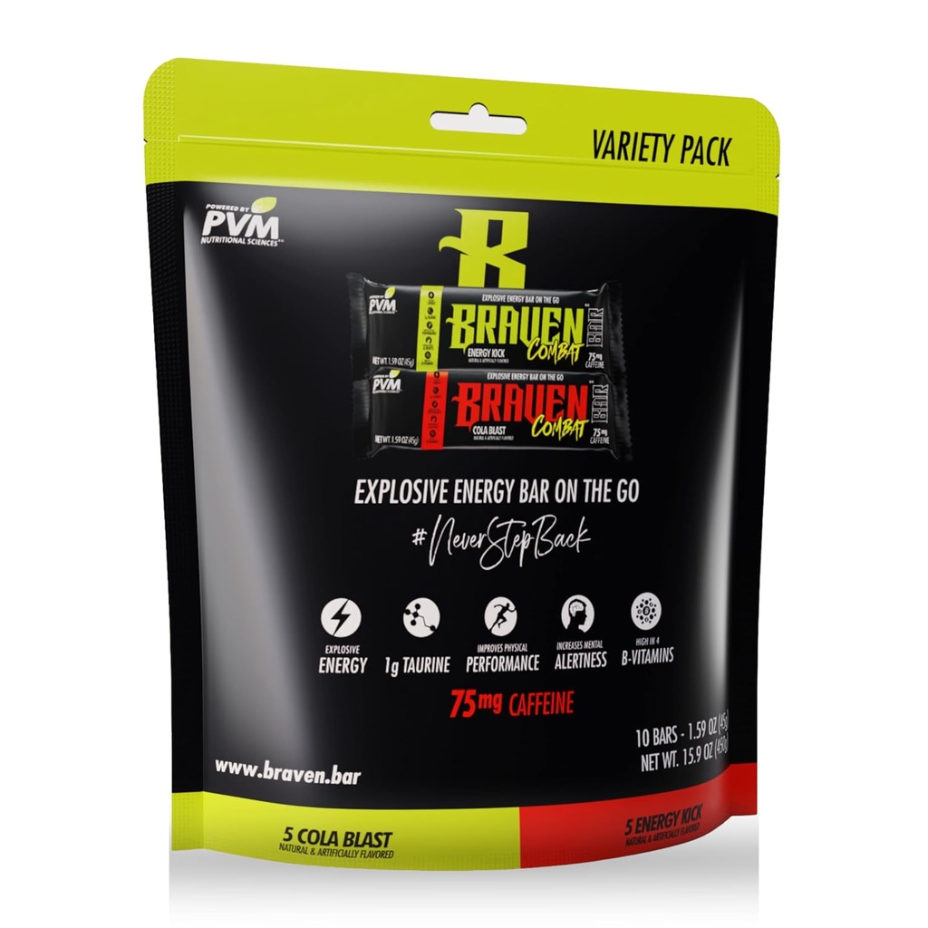 Braven Combat Variety Pack Bares de Energía con Caffeine (1.59 oz, Pack of 10) – Bares de Energía On-The-Go con 75 mg de Caffeine – Gluten Free Snacks