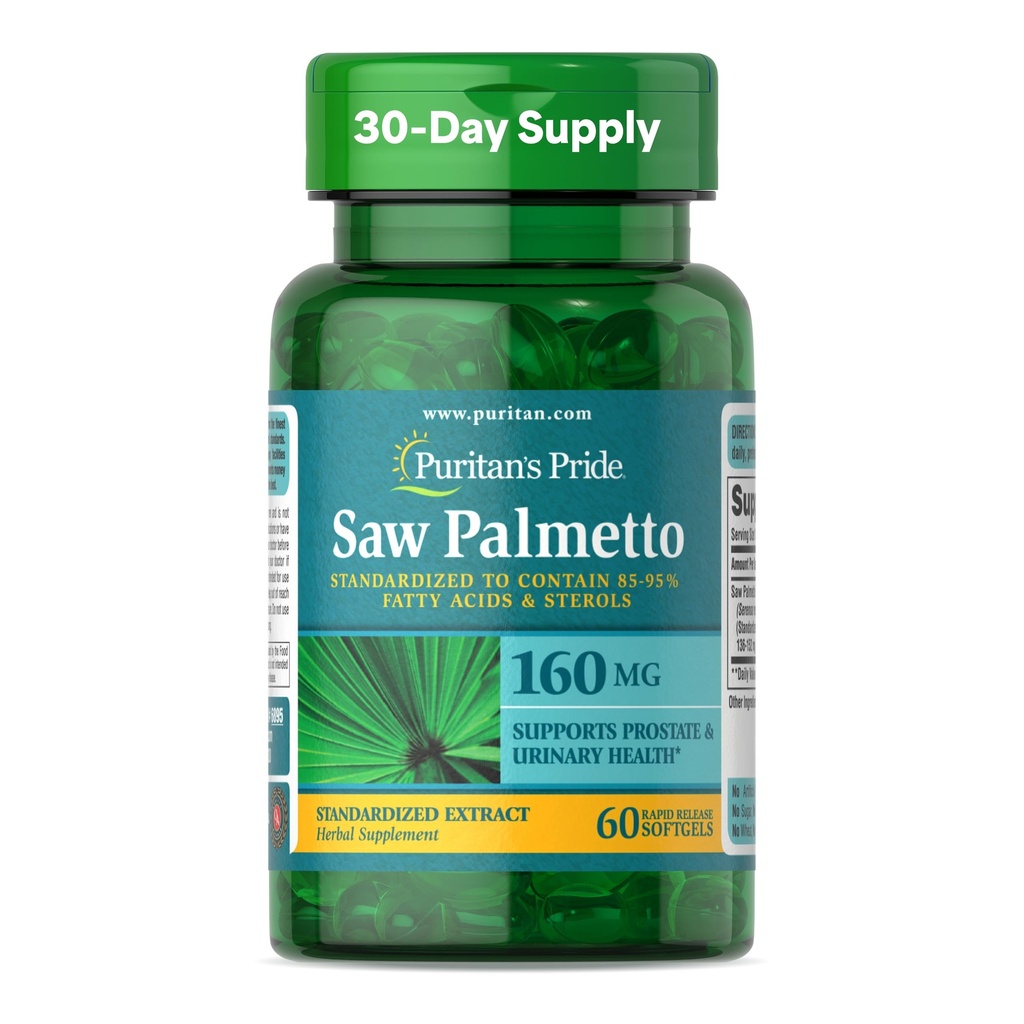 Puritan's Pride Saw Palmetto Extract 160mg, Suplemento dietético herbal tradicional para los hombres Prostate y soporte de salud urinaria, 60 cápsulas de liberación rápida