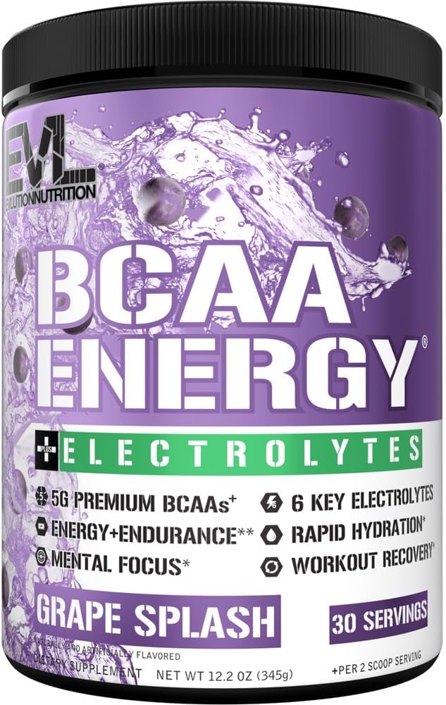 EVL BCAAs Aminoácidos Polvo - BCAA Energy Pre Workout Powder for Muscle Recovery Lean Growth and Endurance - Rehidrating Post Workout Recovery Drink with 6 Key Electrolytes - Grape Splash