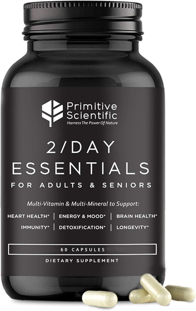 Multivitaminas esenciales diarias de alimentos para adultos y adultos mayores - 2X al día - Vitamina A, C, D, E, B12 y Minerales - Apoyo natural y holístico (60 cápsulas)