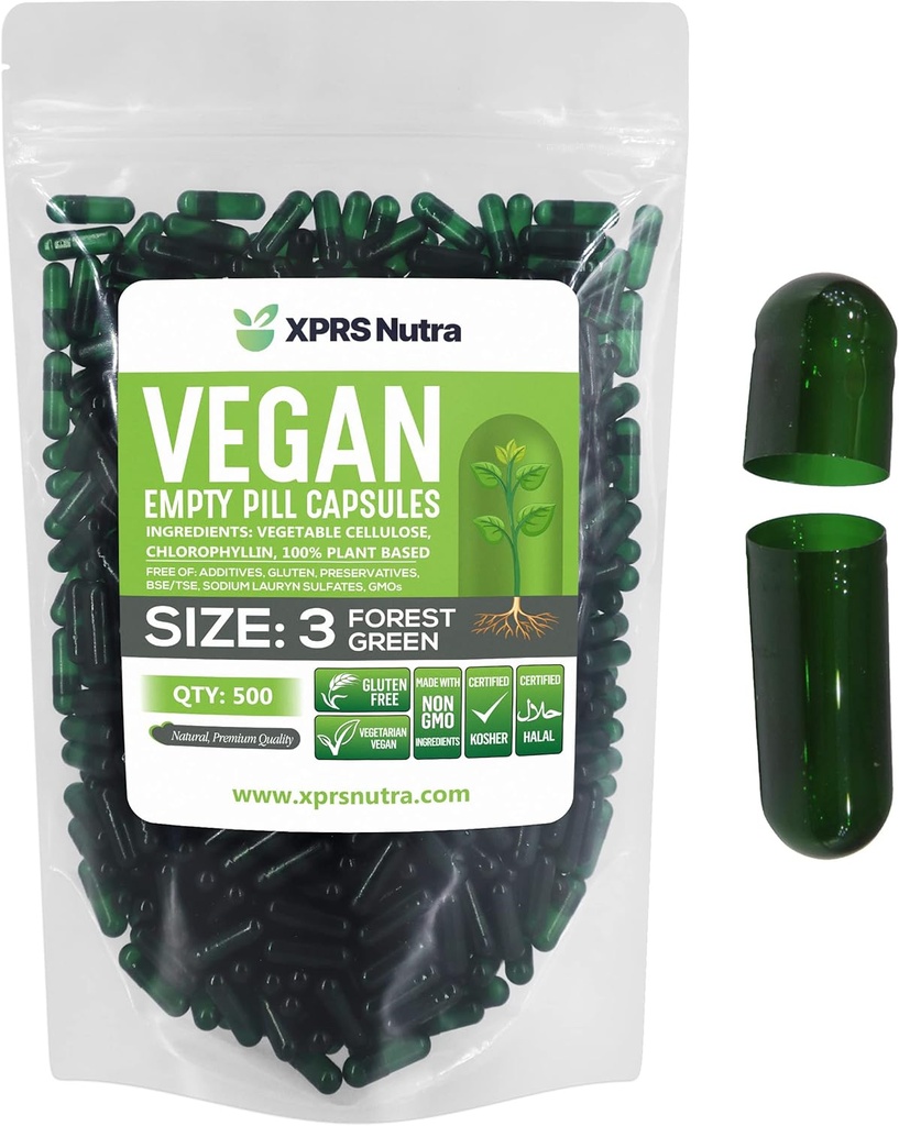 XPRS Nutra Tamaño 3 cápsulas vacías - 500 cápsulas vacías - Vegetarian Empty Pill - DIY Vegetable Capsule Filling - Veggie Pill Caps (Forest Green)