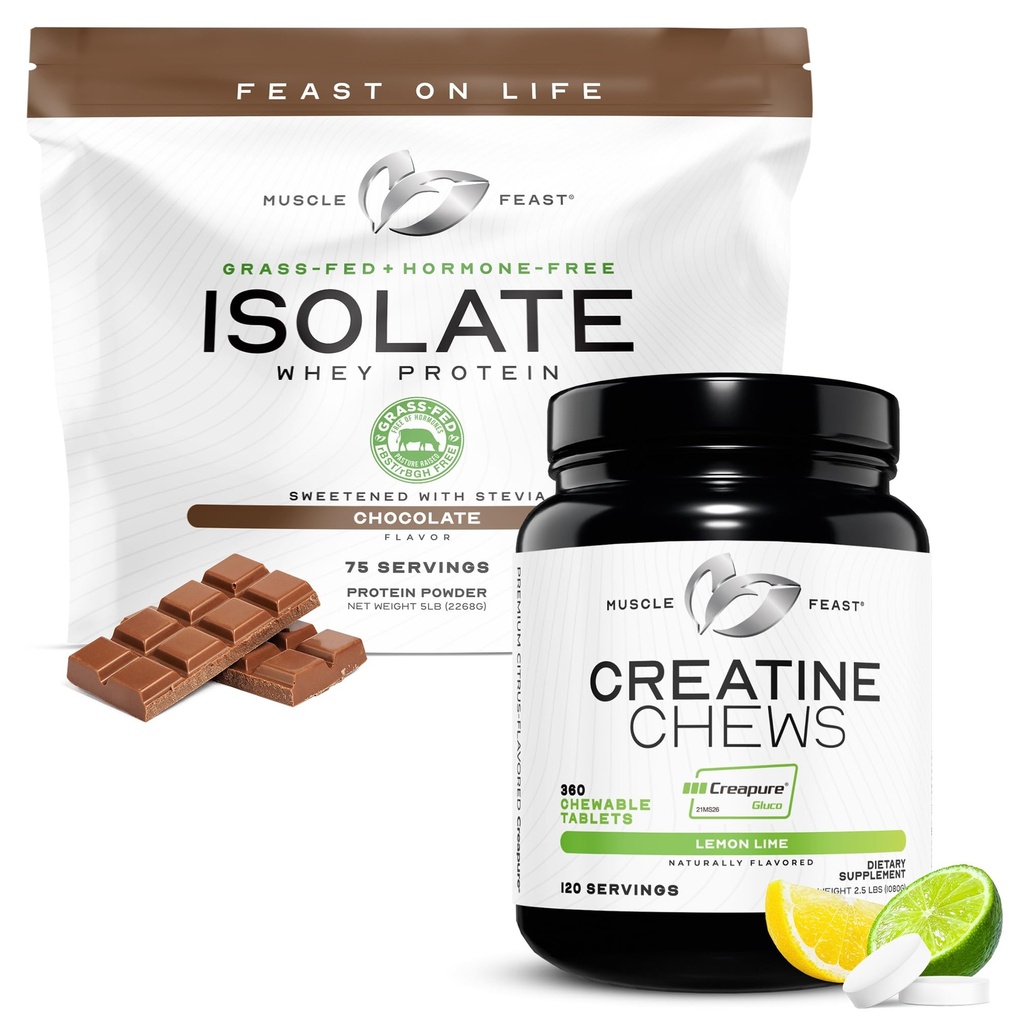 Muscle Feast Isolate + Creatine Candy Bundle: 1 Whey Protein Isolate (Chocolate, 5lb) + 1 Creatine Candy (Lemon Lime, 360) ← Suplementos Premium, Vegetarian, Gluten Free