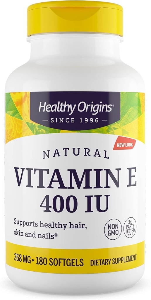 Orígenes saludables Vitamina E 400 UI (Natural, no GMO, Gluten Free, Skin Support, Cardiovascular Support), 180 Softgels