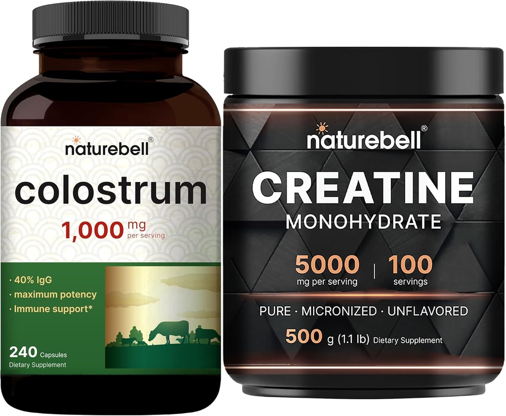 NatureBell Creatine Monohydrate Powder " Colostrum 240 Capsules 1000mg Por Serving Bundle Pack ← Alta Absorción Cretina Micronizada ← Primera Leche de Madre de Grass Fed Bovine