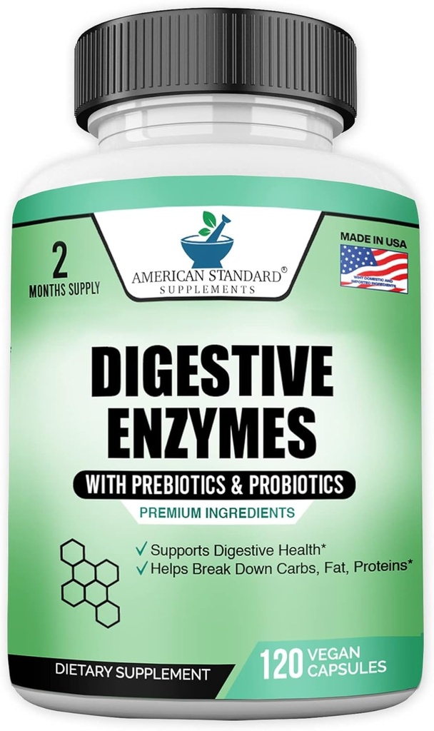 Enzimas digestivas más probióticos " Prebióticos " , 120 cápsulas vegetarianas, para la digestión con amilasa, bromelaina, papaína, lipa, lactasa, protease, papaína, celulasa, Vegan " Gluten Free, 2 mes de suministro