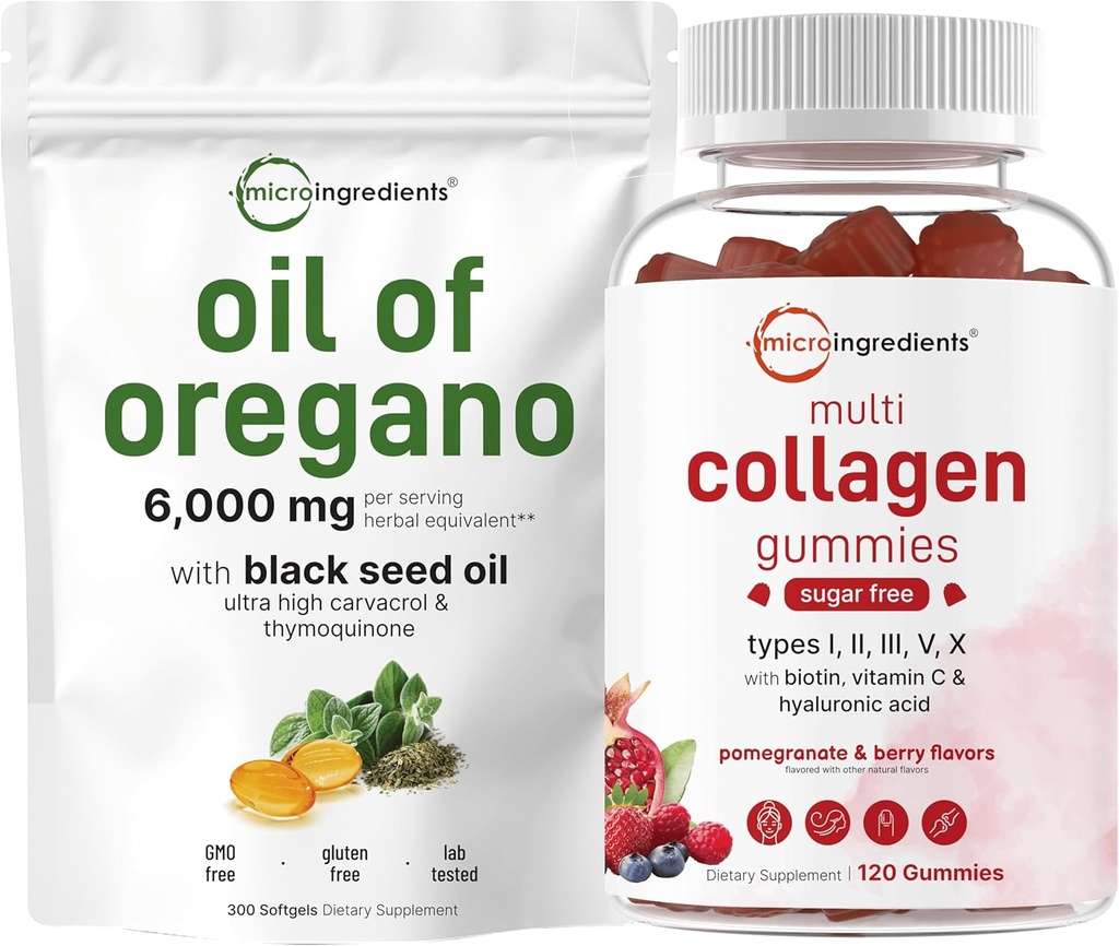 Micro Ingredientes Oil of Oregano Softgels 6,000mg Por Serving & Multi Collagen Peptides Gummies Bundle Pack ← 4X Strength Carvacrol & Thymoquinon  suya Tipo I,II,III,V,X Protein