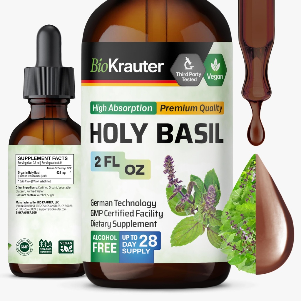 BIO KRAUTER Holy Basil Tincture - Tulsi Powder Líquido Extracto - Apoya la calma y la relajación - Suplemento de ácido ursólico - Alcohol y azúcar gratis - Vegan Drops 2 Fl.Oz.