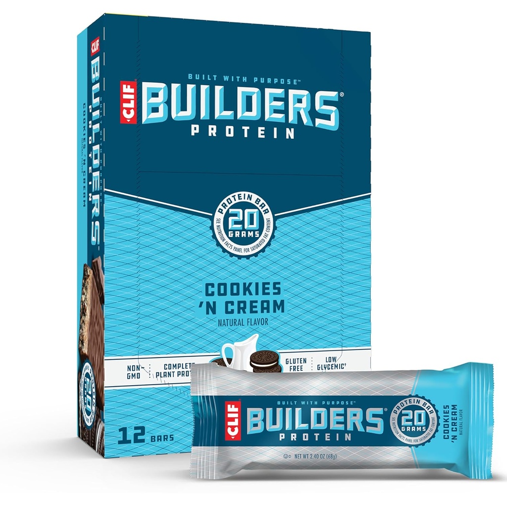 CLIF BUILDERS Protein Bares - Cookies 'n Cream Flavor - 20g Plant Based Protein - Gluten Free - Non-GMO - Low Glycemic - No Sweeteners artificiales - 2.4 oz. (12 Pack)