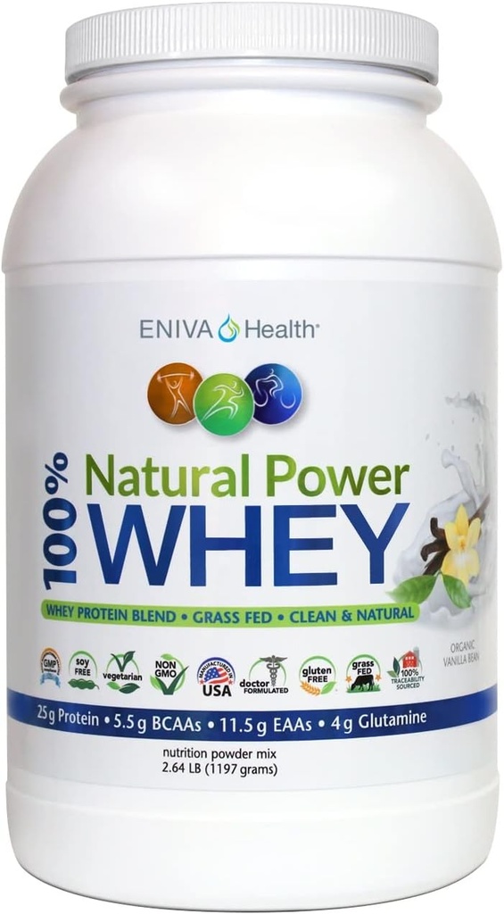 Eniva Natural Power 100% Grass Fed Whey Protein Powder, Vainilla Orgánica, Proteína Limpia,Keto, Alta Proteína, Baja Carb, Gluten Free Non GMO Soy Free, Whey (WPI) Isolate Primary, USA Made, 2.64 lbs