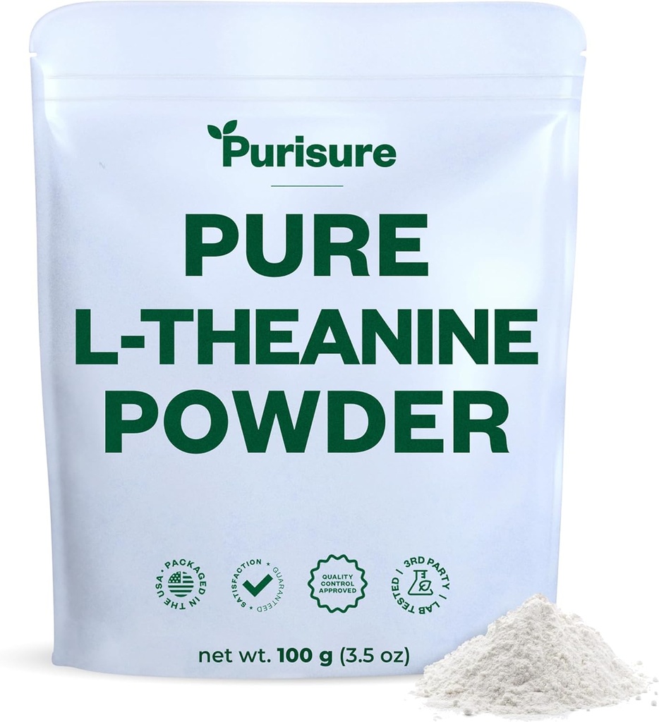 L-Theanine Powder, 100 g, Pure L Theanine Powder que promueve la relajación y el foco, Suplemento para la función cognitiva, No Fillers, No GMO, 1000 Servimientos