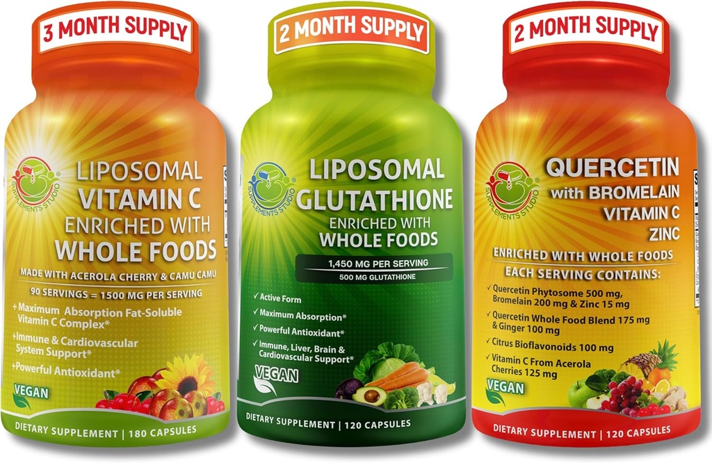 Completo Antioxidante de base vegetal & Immune Support Bundle - Liposomal Vitamina C 1500mg + Liposomal Glutathione 500mg + Quercetina con Bromelaina, Zinc & Vitamina C – Fórmulas de Absorción Vegana, Mejorada
