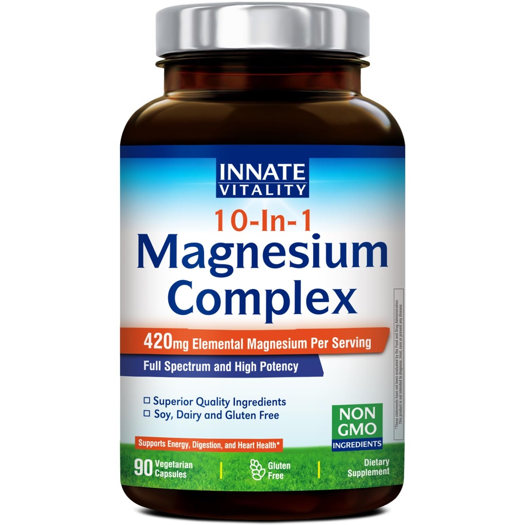Innato Vitality 10-in-1 Magnesium Complex 960mg, 420mg Elemental Mag per Serving, con Magnesium Glycinate, Citrate, Malate y Más, Sleep, Digestion, Energy Support, 90 Vegan Caps