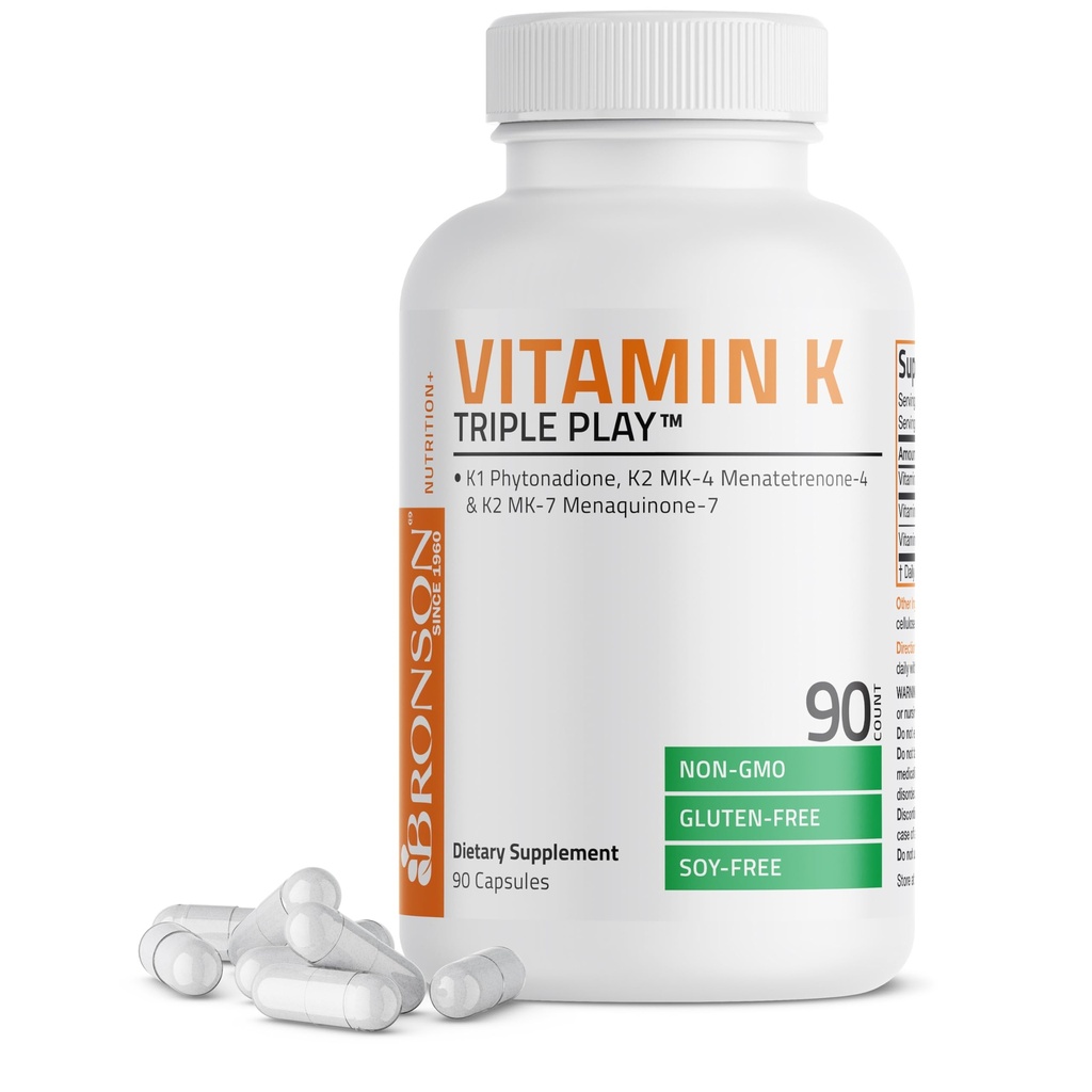 Bronson Vitamina K Triple Play (Vitamin K2 MK7 / Vitamina K2 MK4 / Vitamina K1) Complejo de espectro completo vitamina K Suplemento, 90 cápsulas