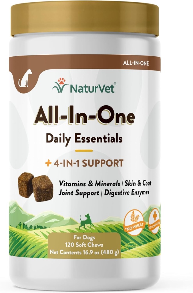 Suplemento de perros NaturVet All-in-One - para soporte conjunto, digestión, piel, cuidado de la carne – Multivitaminas de perros con minerales, Omega-3, 6, 9 – Vitaminas sin trigo para perros – 120 cerdas suaves