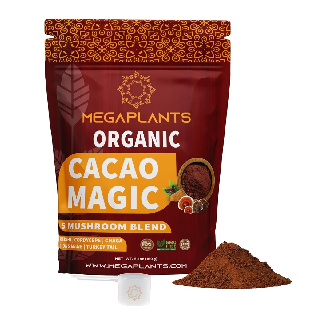 MegaPlants Cacao Magic (50 Servings) ← Superfood 5 Mushroom Blend Silencio Lions Mane, Reishi, Chaga, Cordyceps, Turquía Tail ← Smoothie, Chocolate caliente, Café Alternativa