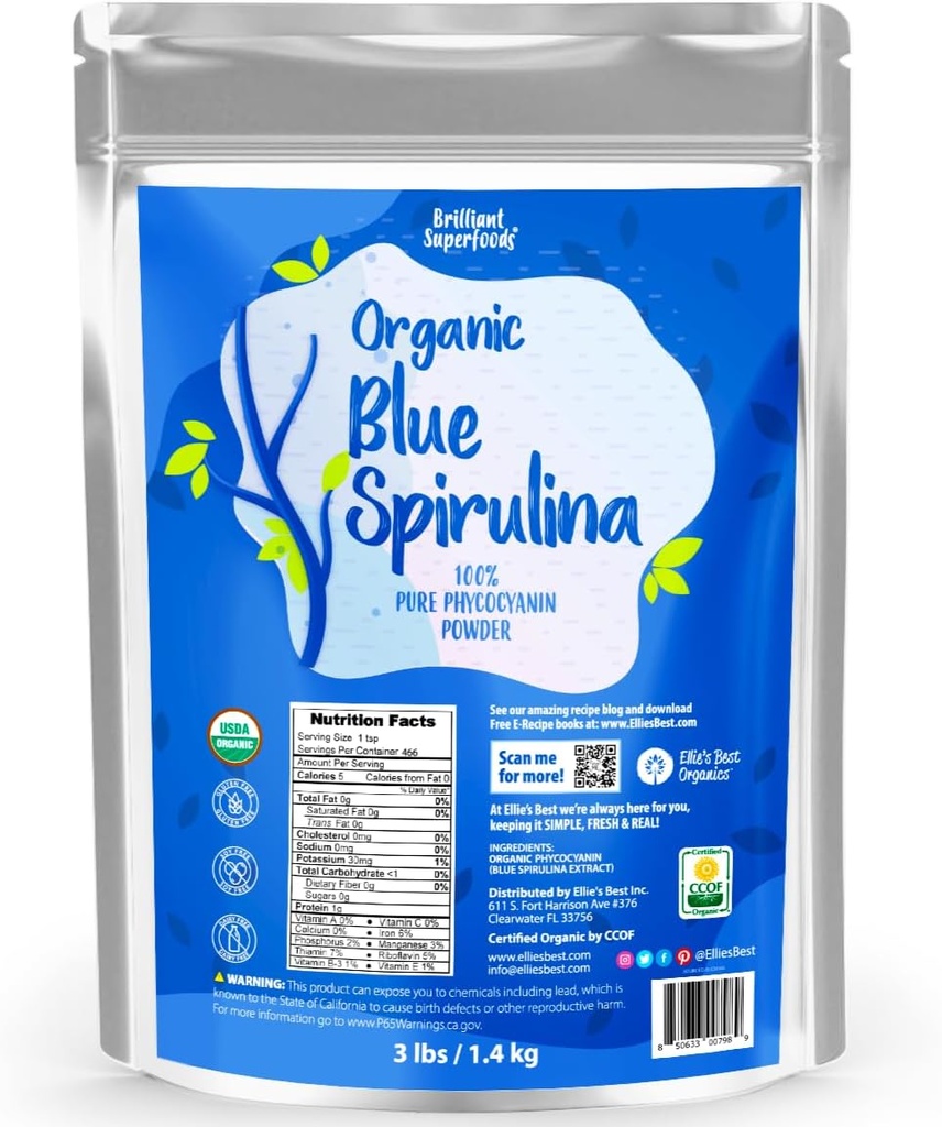 El mejor orgánico de Ellie Blue Spirulina Powder Superfood Suplemento - Odorless - 3LB Bulk - Vegan, no GMO, Gluten-Free, Dairy-Free, Brillante Azul Food Coloring - Agua Pura Extracto