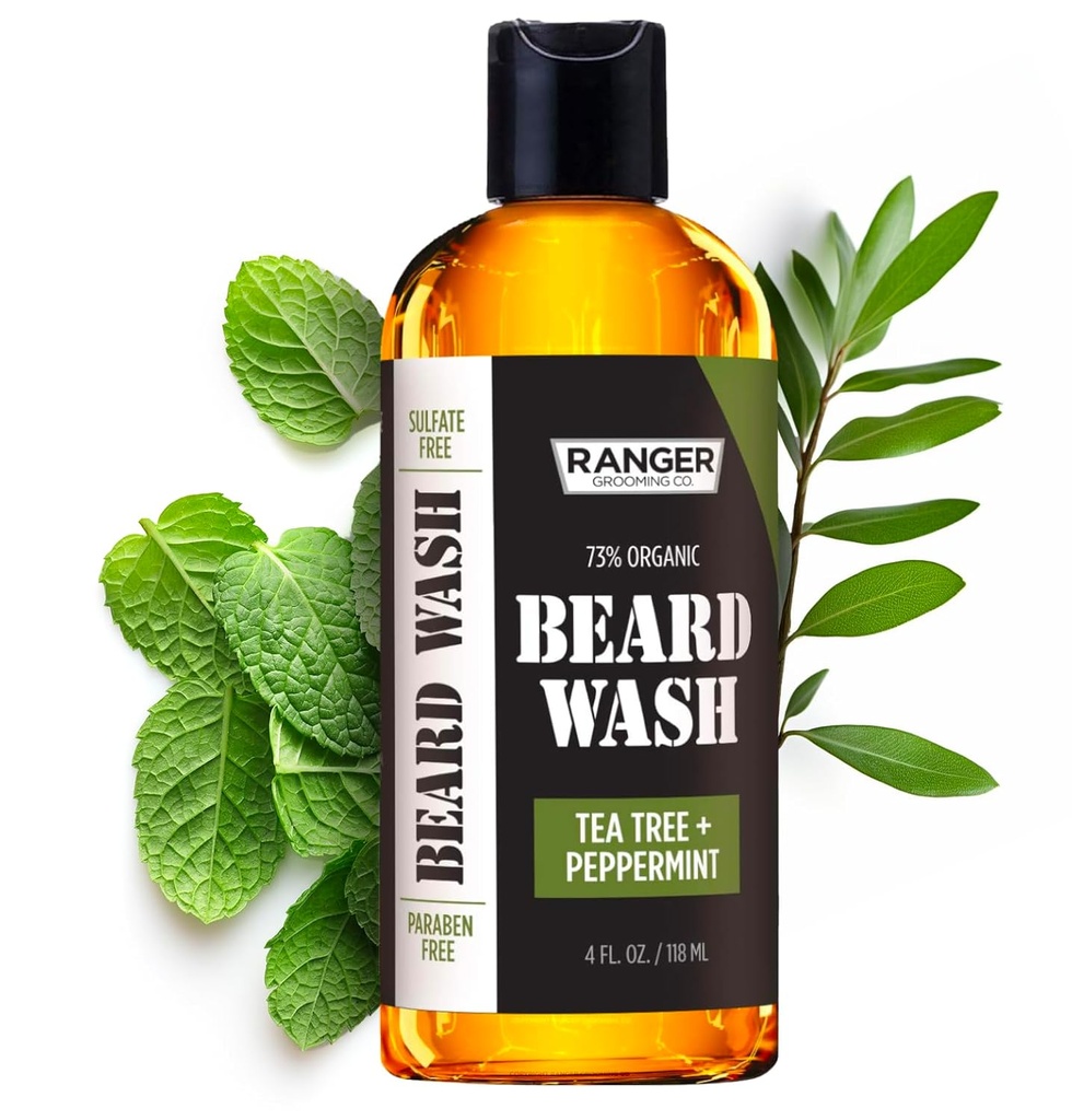 Leven Rose Beard Wash Shampoo por Ranger Grooming Co, Sulfate Free Natural Beard Cleanser & Conditioner for Men, Tea Tree & Peppermint for Growth & Thickening, Paraben Free 4 oz