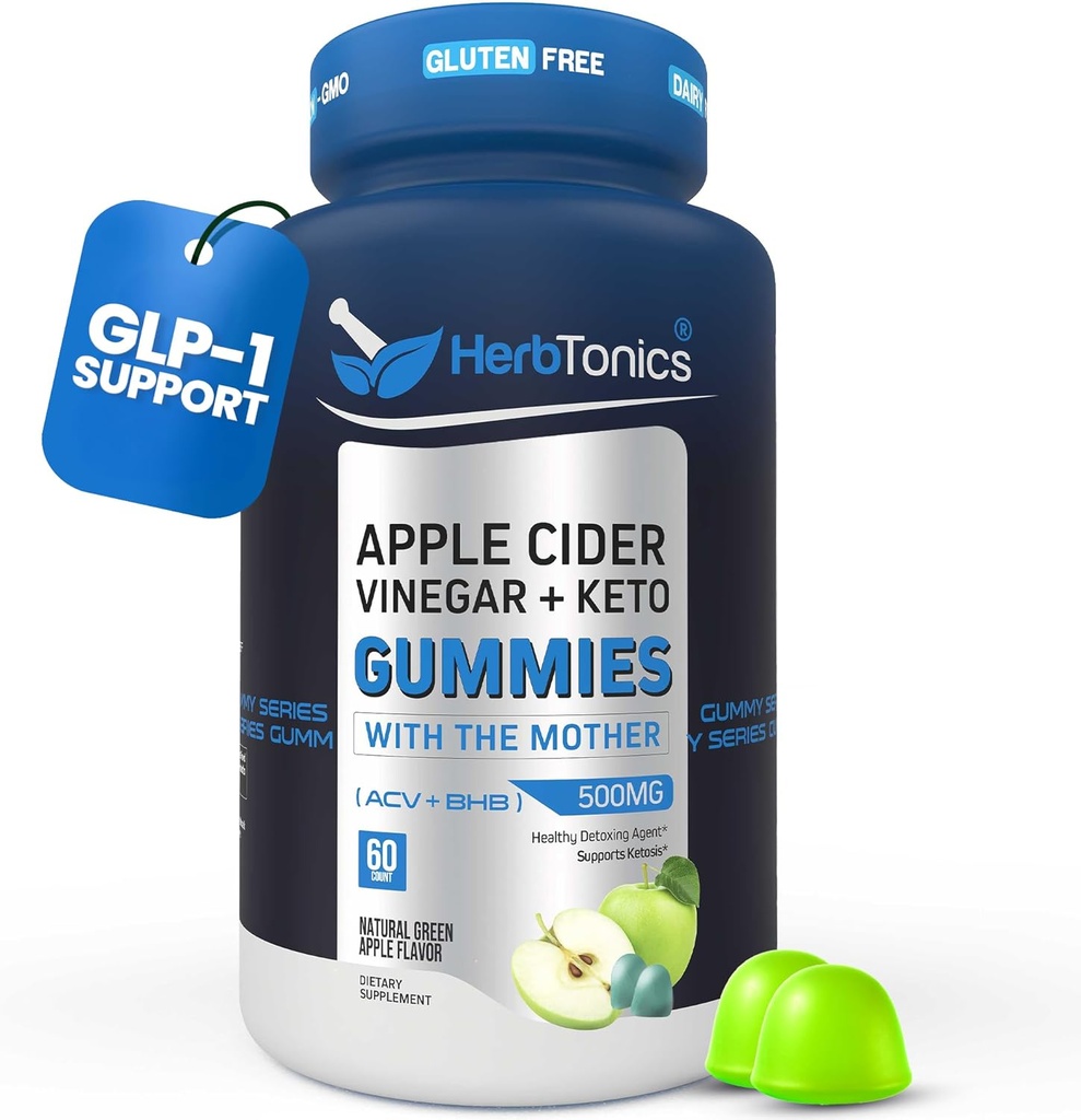Herbtonics Keto Apple Cider Vinegar Gummies ¦ Digestión " Detox TEN GLP-1 Support ← Sugar Free BHB Advanced Formula for Keto Support - Raw ACV with The Mother - 60 Vegan ACV Gummies