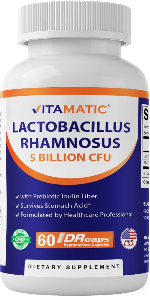 Vitamatic Lactobacillus Rhamnosus 5 Billion per DR Capsule (10 Billion Per 2 Capsules) - 60 Cuenta - Advanced Digestive & Immune Support - Hecho con fibra prebiótica de inulina