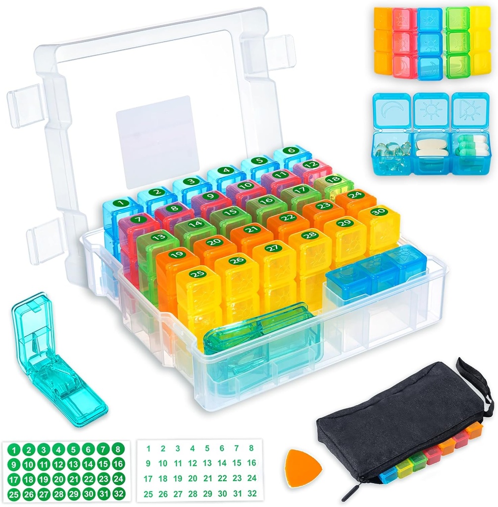 Organizador mensual de píldoras 3 veces al día con caja resistente a la humedad de 31 días, bolsa semanal de píldoras, cargador, pegatinas, plástico de apertura para un uso fácil, manejo conveniente de medicamentos diarios (White)