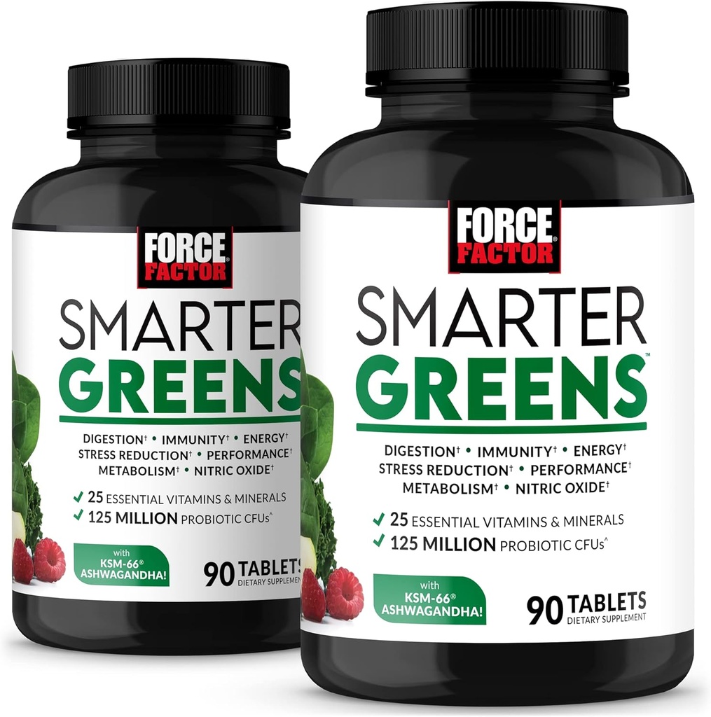 FORCE FACTOR Tablas Verdes más inteligentes, 2-Pack, Verdes Suplemento con 25+ Superalimentos y Antioxidantes para mejorar la digestión, reducir el estrés, fortalecer la inmunidad y apoyar el metabolismo, 180 Tabletas