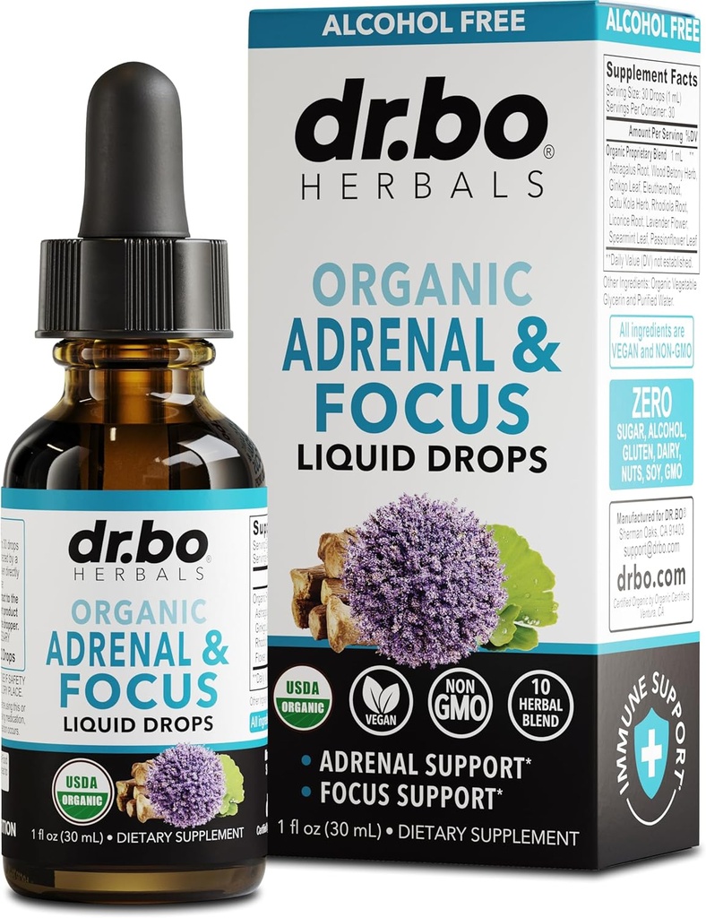 Suplementos de Apoyo Adrenal Liquid Drops - Suplemento Adrenal y Focus Orgánico, Cortisol Manager Adaptogen Adultos, Ginkgo Biloba para Niños Calma - Cerebro Natural y Memoria Fatiga Stress Atención 1oz