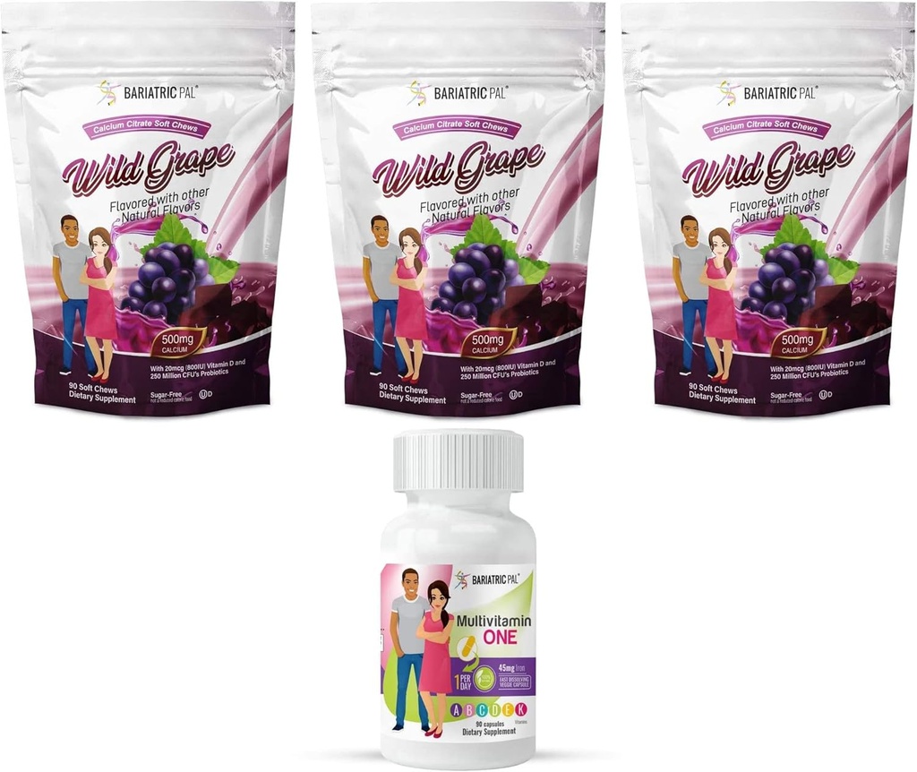 BariatricPal 90-Day Bariatric Vitamin Bundle (Multivitamin 1 por día! Cápsula con 45 mg de hierro y calcio Citratos suaves 500 mg con Probióticos - Grano salvaje)